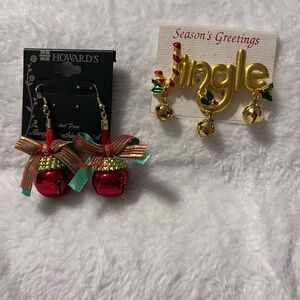 Christmas EARRINGS and Pin JINGLE BELLS  Red Green on Gold Christmas